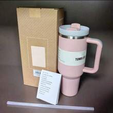 1913 40 Oz Stainless Steel Tumbler Double Wall Vacuum Insulated Portable Drinking Cup Travel Iced Coffee Mug Summer Drinkware With Handle And Straw, Perfect For Travel, Home, Office, Gift, Ice Drinks And Hot Drinks - 粉色 - 查看 3