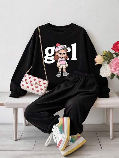 Tween Girls Two Pieces Black Round Neck Sweatshirt And Elastic Cuff Knit Pants Casual Creative Nvh Pattern Print Clothing
