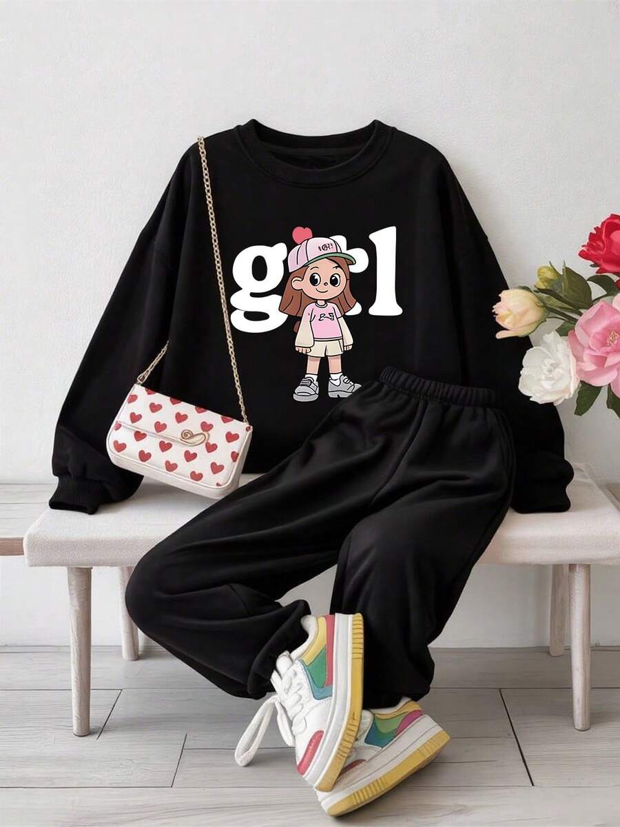 少女两件套黑色圆领卫衣和松紧袖针织裤休闲创意Nvh图案印花服装 - 黑色 - 查看 1