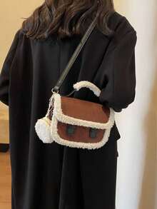 Fashionable Coffee-Color Suede Fuzzy Trim Mini Handbag - Coffee - View 7