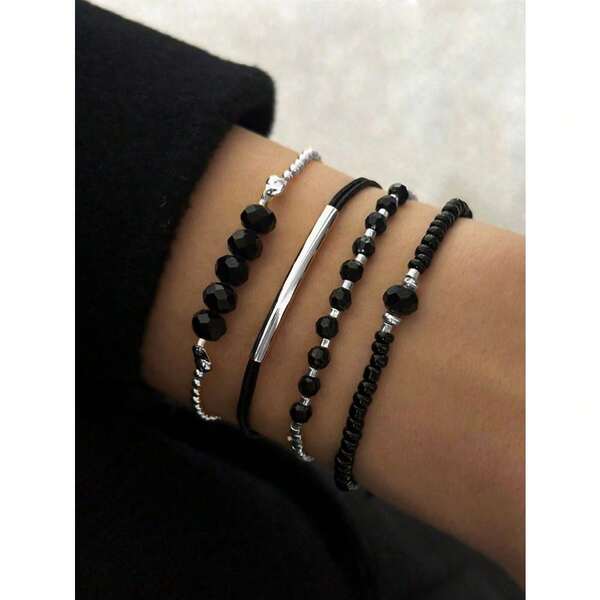 4 Pcs/Set Fashion Black Crystal Handmade Beads Bracelets Set For Women, Fashion Vacation Party Jewelry Gifts