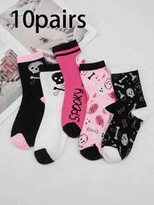 4/5/10 Pairs Women's Mid-Calf Socks, Spring/Summer, Cuffed, Allover Cherry/Fruit Print, Pink Cute & Sweet, Romantic Elegant Cartoon Bone Letter Happy Socks, Soft Breathable Everyday Wear, Fashion Casual Street Sporty Hiking Basketball Yoga Knee High Socks, Suitable For Halloween, Back To School, Fall - Multicolor - View 8