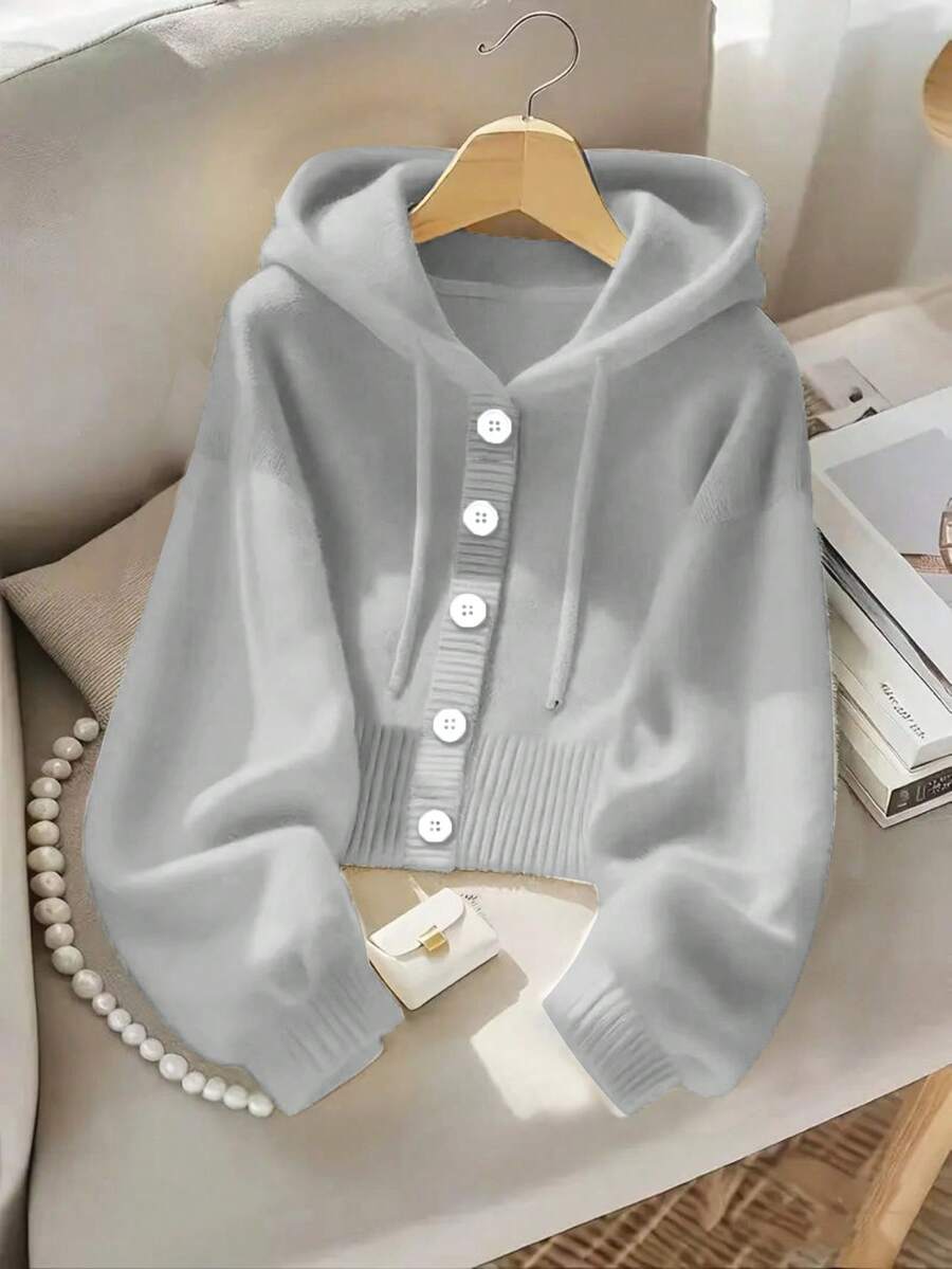 Women Loose Hooded Cardigan - Comfortable Button Front Design, Casual Knit Sweater For Autumn/Winter - Light Grey - View 1