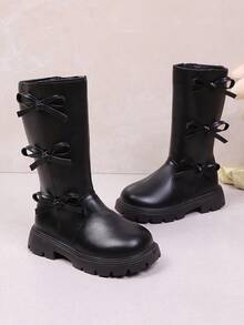 1 双黑色柔软舒适 PU 皮革幼儿/小女孩及膝靴，带蝴蝶结、拉链、圆头、保暖衬里，时尚经典高筒靴，适合 3-15 岁女孩日常、度假、上学、秋冬穿着