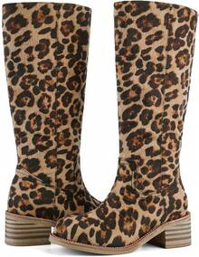 Women's Knee High Chunky Block Heel Square Toe Low Heel Boots, Style - Leopard - View 4