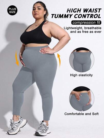 Leggings de maternité grande taille sans couture à taille haute élastique de couleur unie, collants de base