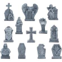 12 Pcs Miniature Tombstones Figurine Mini Resin Tombstones Gravestone Multiple Sizes Style For Mini House Graveyard Scene Diorama Crafts Halloween Decor Accessories, Gray - 灰色的 - 查看 1