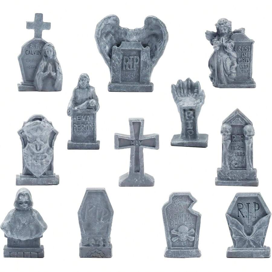 12 Pcs Miniature Tombstones Figurine Mini Resin Tombstones Gravestone Multiple Sizes Style For Mini House Graveyard Scene Diorama Crafts Halloween Decor Accessories, Gray - 灰色的 - 查看 1