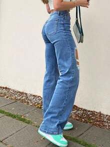 Pantalones Vaqueros Rectos con Rotos - Tiro Medio, Lavado Clásico - Azul lavado medio - Ver 4