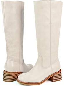 Women's Knee High Chunky Block Heel Square Toe Low Heel Boots, Style - Beige - View 5