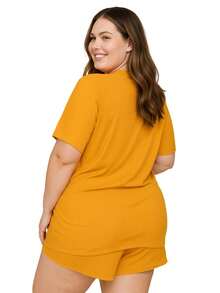 Plus Size Ribbed Suede Pajamas, Blouse And Shorts, Juliana 50 52 54 56 - 駝色 - 查看 2