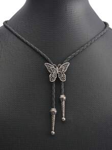 1pc Retro Bronze/Silver Butterfly Pendant Necklace, Casual Woven Black Leather Strap, For Men Gift - Butterfly - View 7