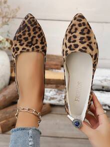 女士新款优雅豹纹尖头休闲户外一脚蹬鞋，“时尚”印花芭蕾舞鞋运动鞋 - 豹紋 - 查看 5