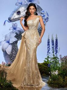 优雅甜心粉色系带露肩露背连衣裙，适合女士出席晚宴、派对、鸡尾酒会（极具装饰性） - 香檳色 - 查看 7