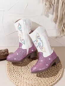 زوج من بوت البنات المطرزة، بوت مدرسية للطلاب، بوت أطفال، بوت بطراز غربي، بوت ثلج مقاومة للانزلاق ومقاومة للماء للاستخدام الخارجي والحفلات