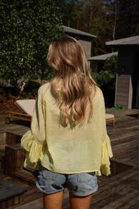 Women Ruffle Blouse Long Bell Sleeve Frilly Tops Sheer Button Down Shirts Summer Going Out Tops - Yellow - View 4