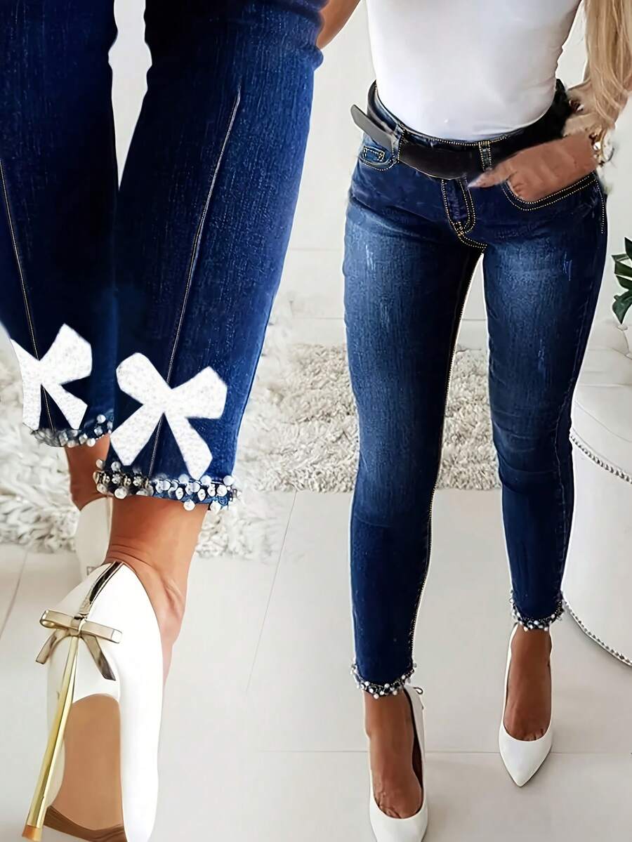 Women's Fall Winter Slim Tight Jeans (Fall Clothes For Women, Pantalones Jeans De Mujer, Pantalones De Invierno Mujeres) – Sexy Fit, Diamond & Pearl Butterfly Hem Decor, For Parties, Dances, Nightclubs - 深色水洗藍 - 查看 1