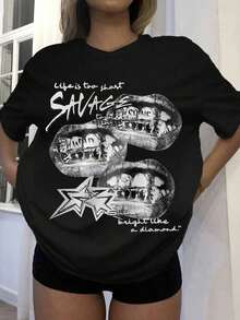 Loose Casual T-Shirt With "Savage" Lips And Stars Print, Retro Style, Soft 50% Cotton, Suitable For Summer - Black - View 2