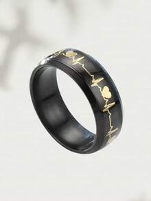 黑色不锈钢心电图戒指配碳纤维镶嵌黄金心电图戒指爱情宣言男女结婚戒指 - 黑色 - 查看 3