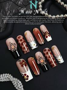 NAIO Bộ 10 miếng/bộ dụng cụ vẽ móng vuông kiểu Y2KBabe. Có sẵn các màu nude, nâu, trắng, đen và họa tiết da báo. Móng tay đầu Pháp này được trang trí bằng hoa 3D chạm khắc thủ công và đá quý đính hạt vàng. Hoàn hảo cho việc làm móng mùa thu đông dành cho cả nam và nữ, phù hợp cho các bữa tiệc, nghi lễ và trang phục thường ngày. Tặng kèm một bộ dụng cụ, đây sẽ là món quà tuyệt vời cho cả nam và nữ. - Nhiều màu - Xem 2