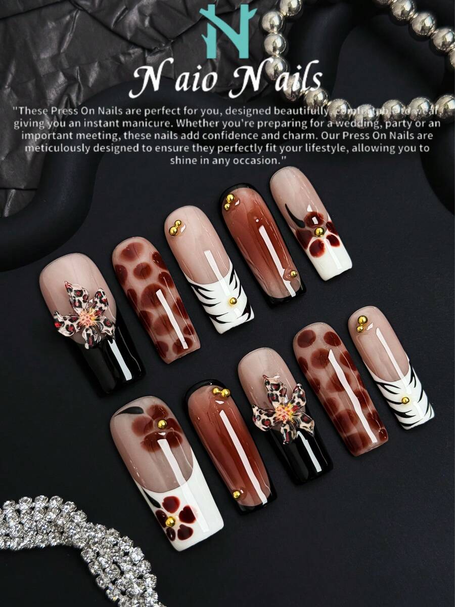 NAIO Bộ 10 miếng/bộ dụng cụ vẽ móng vuông kiểu Y2KBabe. Có sẵn các màu nude, nâu, trắng, đen và họa tiết da báo. Móng tay đầu Pháp này được trang trí bằng hoa 3D chạm khắc thủ công và đá quý đính hạt vàng. Hoàn hảo cho việc làm móng mùa thu đông dành cho cả nam và nữ, phù hợp cho các bữa tiệc, nghi lễ và trang phục thường ngày. Tặng kèm một bộ dụng cụ, đây sẽ là món quà tuyệt vời cho cả nam và nữ.