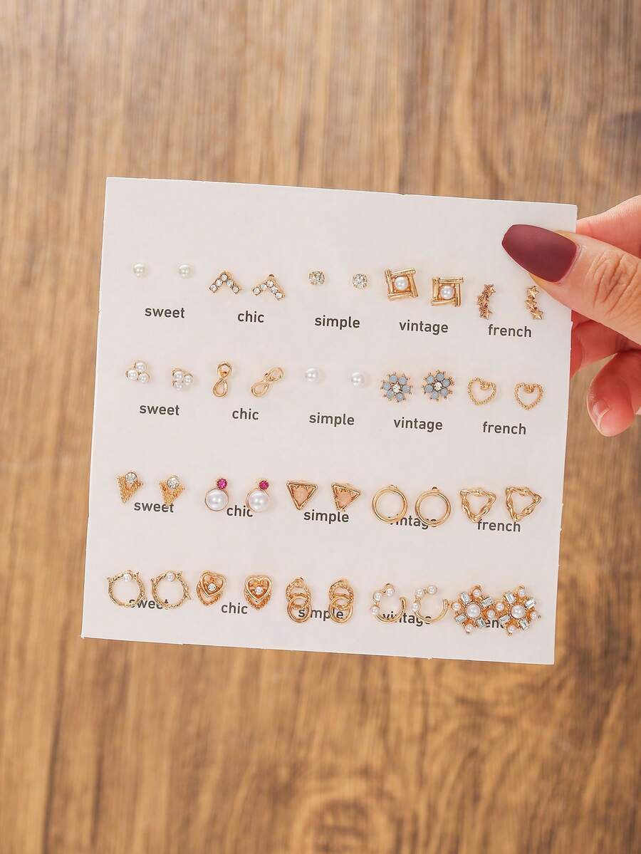 40pcs/Set Fashionable Faux Pearl & Rhinestone Decor Heart & Flower Dangle Earrings Suitable For Women's Daily Wear - Multicolor - View 1