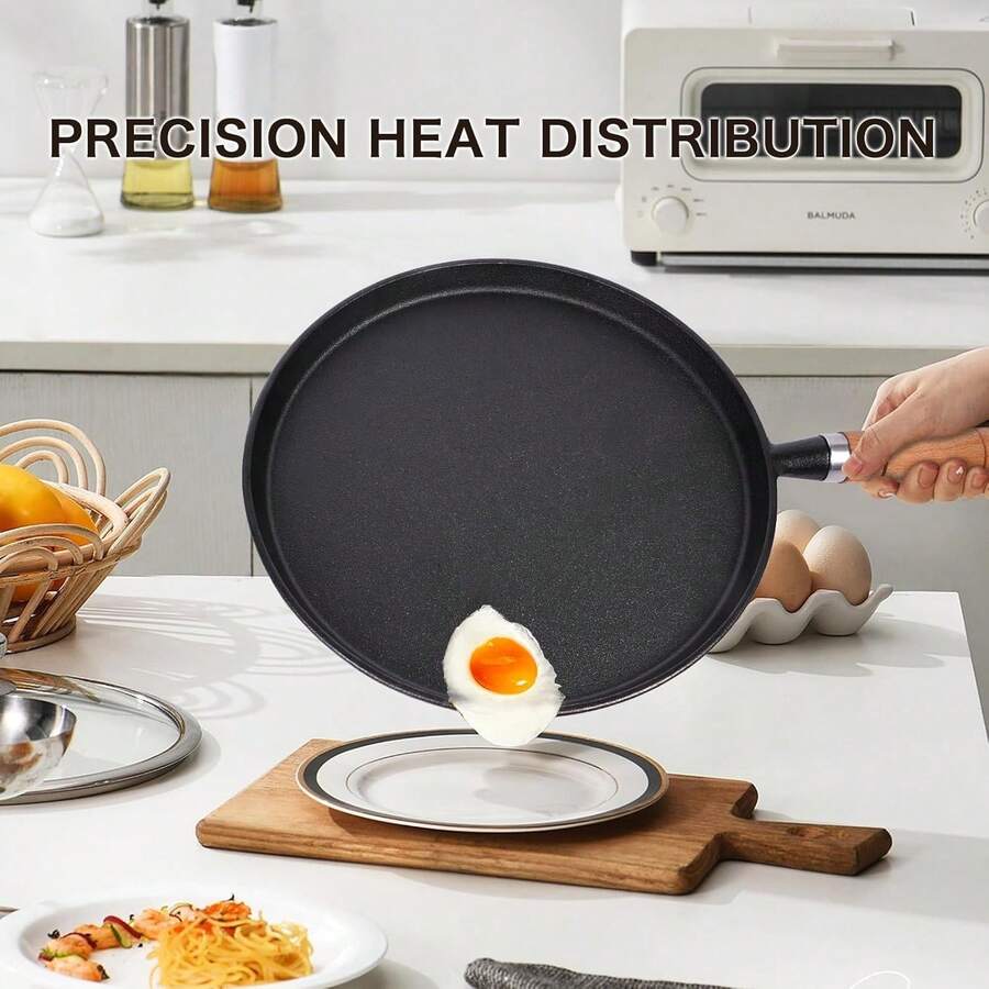 LOVEWE Wood-Handled Cast Iron Flat-Bottom Pan - 20cm Non-Stick Frying Pan, Cast Iron Kitchenware, Suitable For Restaurants, Hotels, Households And Kitchens, Can Be Put In Dishwasher And Oven, Family Dinner Supplies, Christmas Party Supplies