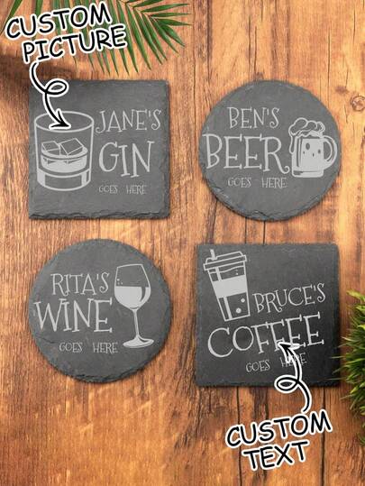 1pc Custom Personalized Stone Coaster, Personalize Your Drink Here, Custom Text, Tea, Coffee, Gin, Beer, Wine, Whiskey Laser Engraving Gift, Unique Ideal Gift For Him, Her, Boyfriend, Girlfriend, Dad, Mom, Family, Friends, Suitable For Anniversary, Valentine'S Day, Mother'S Day, Birthday, Holiday Party, Father'S Day Gift