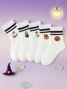 1/5 Pairs, Kids Style, White, Halloween Themed Prints (Ghost, Pumpkin, Grim Reaper), Black Striped Cuff, Breathable And Sweat-Absorbent, Fun Halloween Style, Mid-Calf Socks, Perfect For Halloween Parties, Trick Or Treat, Autumn Daily Wear, School Activities, Birthday Gifts, Halloween Season, Horror Movie Fans, Kids Fashion. - Multicolor - View 2