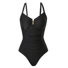 Women's 1-Piece Swimsuit With Ruched And Metallic Decoration In Solid Color, Summer - màu đen - Xem 4