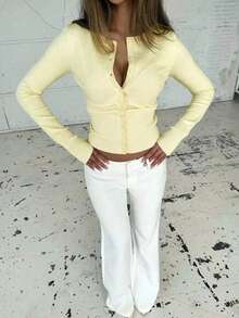 Women's Casual Crew Neck Long Sleeve Cinched Waist Knit Cardigan, Light Yellow, Spring/Autumn - Light Yellow - View 7