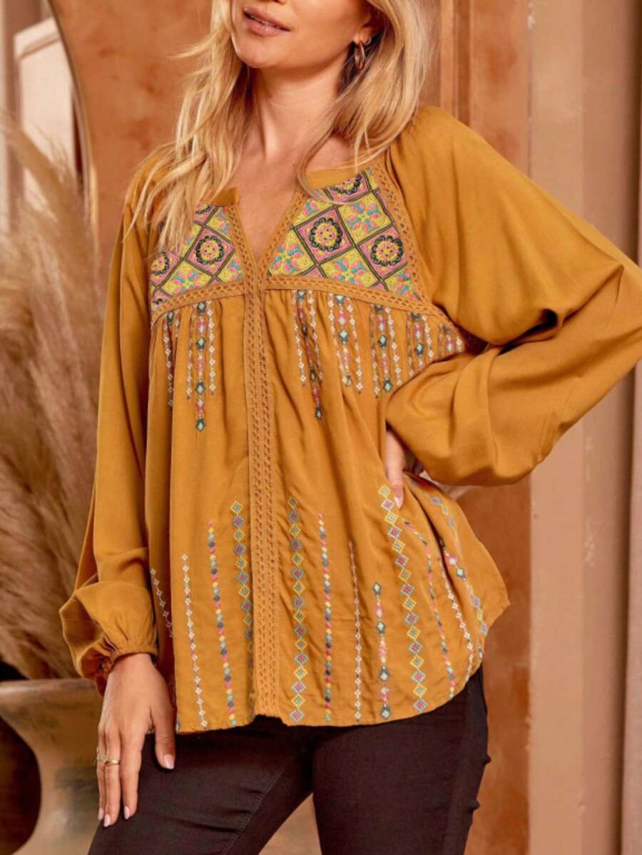 Women's Fashion Loose Long Sleeve Casual Notch Neck Blouse - Yellow - View 1