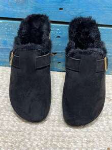 Women's Buckle Design Casual Slip-On Slippers With Fleece Lining - Black - View 3