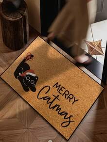 1pc New Holiday Decor - Christmas - Cute Cat Print Pattern Small Rug - 100% Polyester Material, Machine Washable Durable, Stain Resistant, Quick Drying, Suitable As Indoor Doormat
