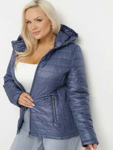 Chaqueta acolchada con capucha desmontable e inserciones elásticas - Azul Marino - Ver 2