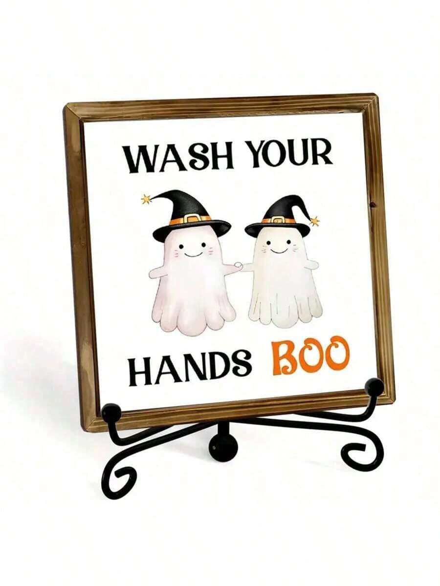 1PC Halloween Bathroom Door Decoration - Wash Hand Boo Decoration With Cute Witch Hat Ghost, Rustic Wood Hanging Sign With Metal Hook For Indoor/Outdoor Hanging - Spooky Home, Party Or Halloween Gift Decoration - No Batteries Required, Fun Holiday Design, Wooden Construction