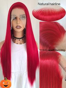 websterwigs 13X4 红色天然直发合成蕾丝前假发，高品质耐热纤维，预拔，无胶 - 紅色 - 查看 2