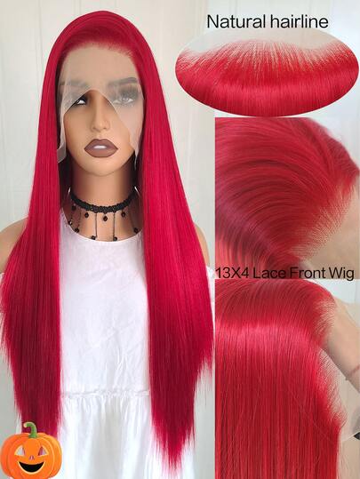 websterwigs 13X4 红色天然直发合成蕾丝前假发，高品质耐热纤维，预拔，无胶