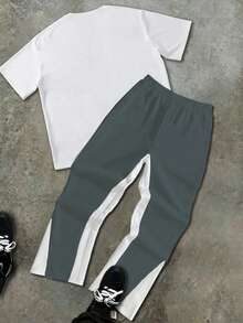 Men's Abstract Star Print Round Neck Short Sleeved Casual T-Shirt And Flame Print Pants 2-Piece Set, Men's Clothing, Versatile For Both Men And Women, T-Shirt And Sweatpants 2-Piece Set - White+slate blue(白色+灰藍色) - 查看 2