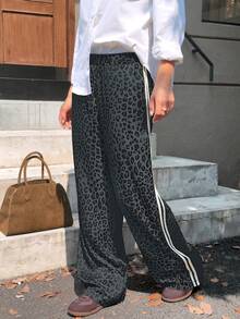 GLOpass 女士豹纹弹力腰阔腿裤，侧条纹宽松休闲裤，复古嘻哈风直筒裤 - 深灰色 - 查看 2