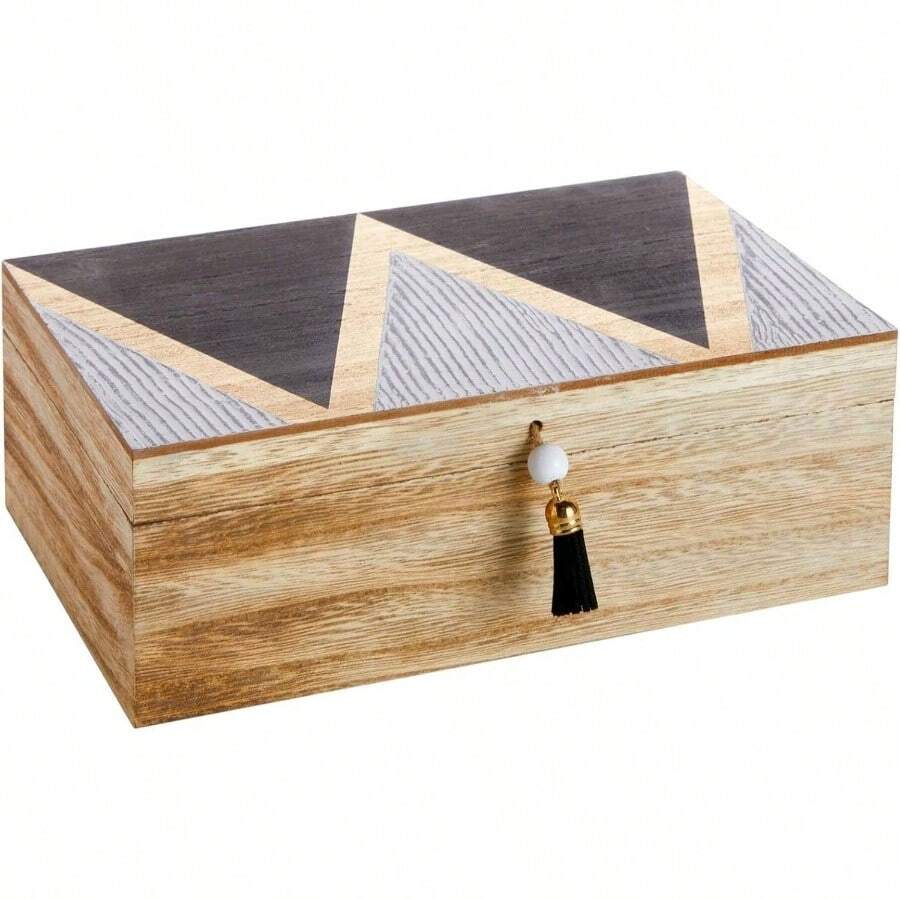 Small Wooden Decorative Box With Hinged Lid Tassel, Jewelry Trinket Storage - Wooden Jewelry Box - 9.4x 6x 3 Inches - 棕色 - 查看 1