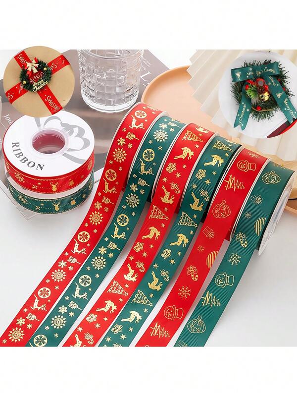 2.5cm Polyester Ribbon With Gold Foil Christmas Tree, Gift Wrapping Ribbon, Christmas Decoration, DIY