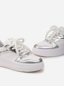 Thick Sole Sneakers With Numerous Inserts On The Upper - Silver - View 5