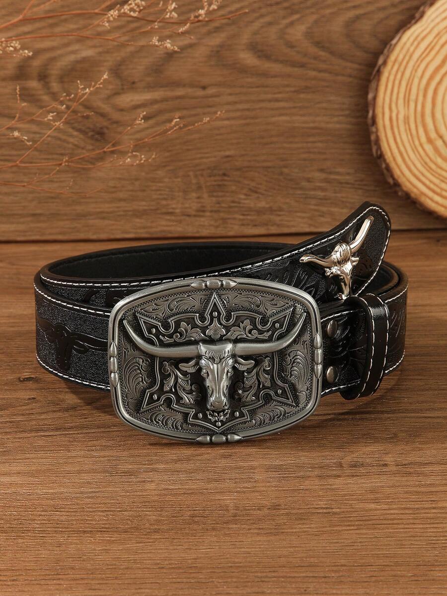 Western Cowboy Vintage Style Belt, Suitable For Casual Daily Wear - Black - View 1