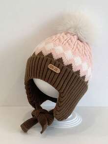 儿童针织帽，钻石提花婴儿针织帽，绒球设计，男童女童秋冬护耳帽，秋冬婴儿户外保暖帽，撞色设计，婴儿冬季防风帽，适合户外，时尚百搭，日常休闲 - 針織帽 - 查看 13