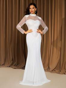 Elegantes weißes Hochzeitskleid mit Stehkragen, Langarm, Pailletten-Patchwork und Chiffon - Weiss - Übersicht 5