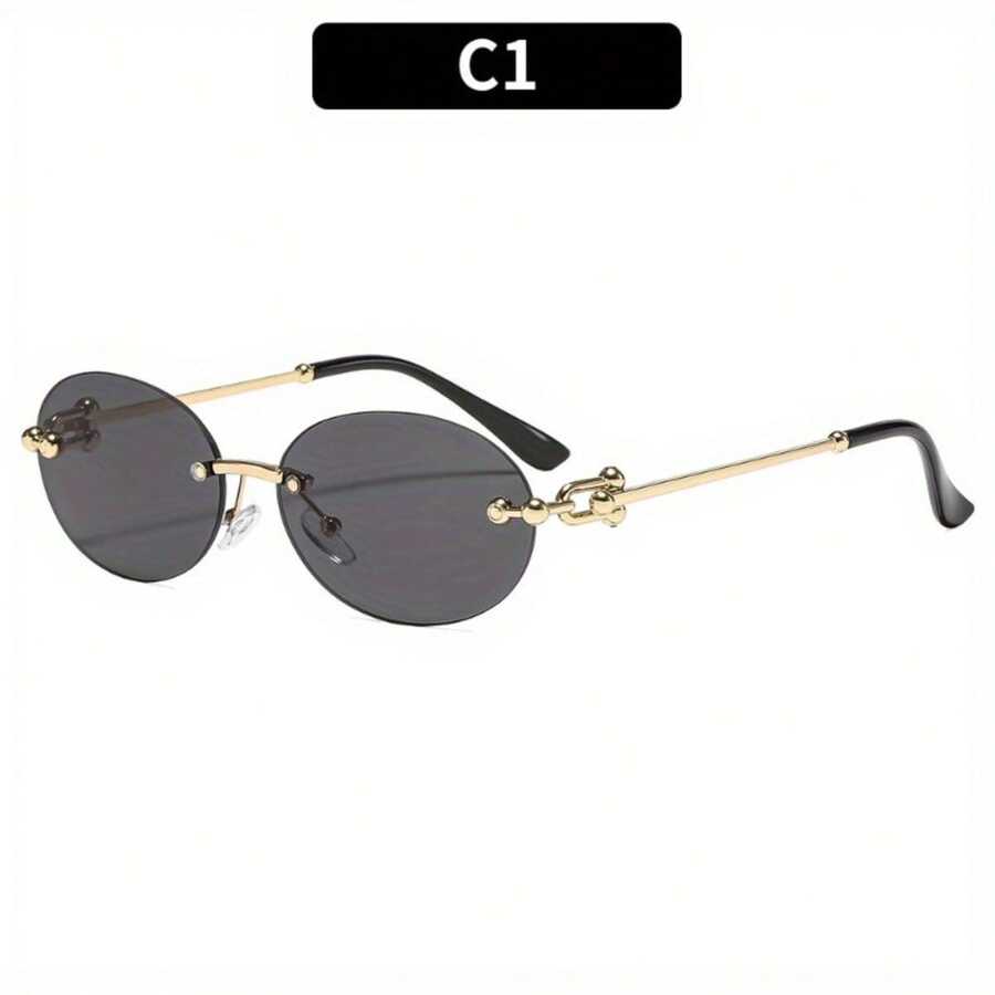 1 Piece/Set New Metal Frameless Oval UV-Protective Sunglasses Ins Summer Outdoor Sunglasses Personalized Sunglasses - 金框灰板 - 查看 1