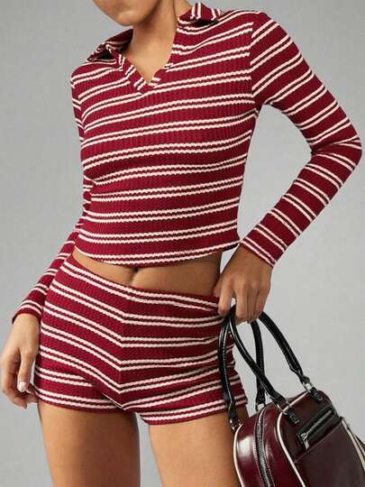Women's Knit Striped Set Fashionable Long Sleeve Lapel V Neck Crop Tops With Shorts 2Pcs Outfits