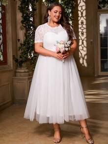 Women's Plus Size Elegant Solid Color Patchwork Lace Mesh Zipper Closure Tea Length Semi-Formal Party Dress For Wedding Guest, Bridesmaid, Maid Of Honor, Cocktail, Wedding, Graduation Party, Spring/Summer/Fall