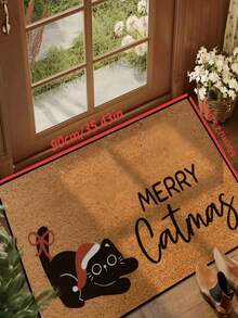 1pc New Holiday Decor - Christmas - Cute Cat Print Pattern Small Rug - 100% Polyester Material, Machine Washable Durable, Stain Resistant, Quick Drying, Suitable As Indoor Doormat
